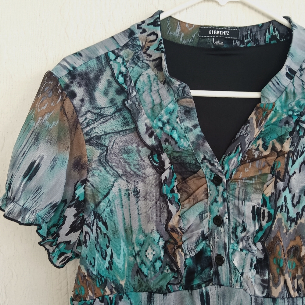Elementz Cute Turquoise Blouse Ruffle Flowy Button Down Cap Sleeves Western Boho - Picture 6 of 11